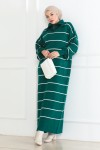 Yakası Fermuar Detaylı Çizgili Triko Elbise Zümrüt Yeşili 1005