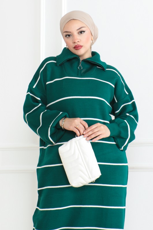 Yakası Fermuar Detaylı Çizgili Triko Elbise Zümrüt Yeşili 1005
