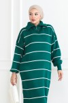 Yakası Fermuar Detaylı Çizgili Triko Elbise Zümrüt Yeşili 1005