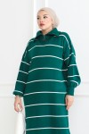Yakası Fermuar Detaylı Çizgili Triko Elbise Zümrüt Yeşili 1005
