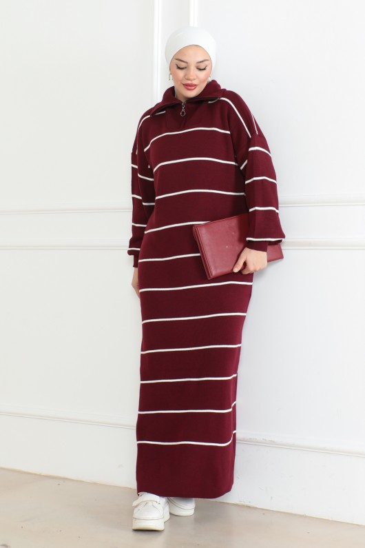 Yakası Fermuar Detaylı Çizgili Triko Elbise Bordo 1005