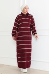 Yakası Fermuar Detaylı Çizgili Triko Elbise Bordo 1005