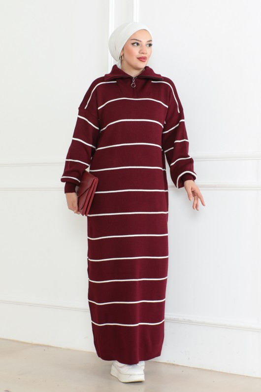 Yakası Fermuar Detaylı Çizgili Triko Elbise Bordo 1005