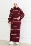 Yakası Fermuar Detaylı Çizgili Triko Elbise Bordo 1005