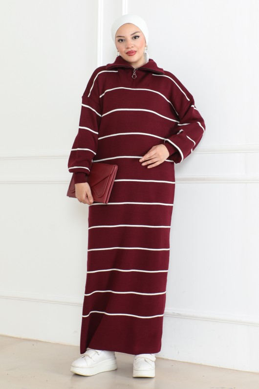 Yakası Fermuar Detaylı Çizgili Triko Elbise Bordo 1005