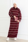 Yakası Fermuar Detaylı Çizgili Triko Elbise Bordo 1005