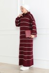 Yakası Fermuar Detaylı Çizgili Triko Elbise Bordo 1005