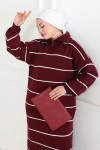 Yakası Fermuar Detaylı Çizgili Triko Elbise Bordo 1005