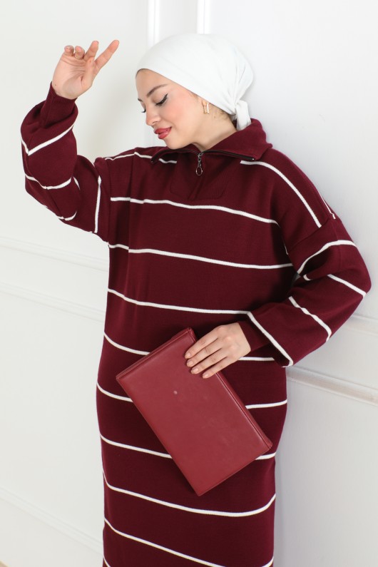 Yakası Fermuar Detaylı Çizgili Triko Elbise Bordo 1005