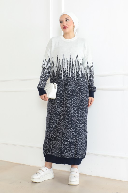 Desenli Triko Elbise Lacivert 1007