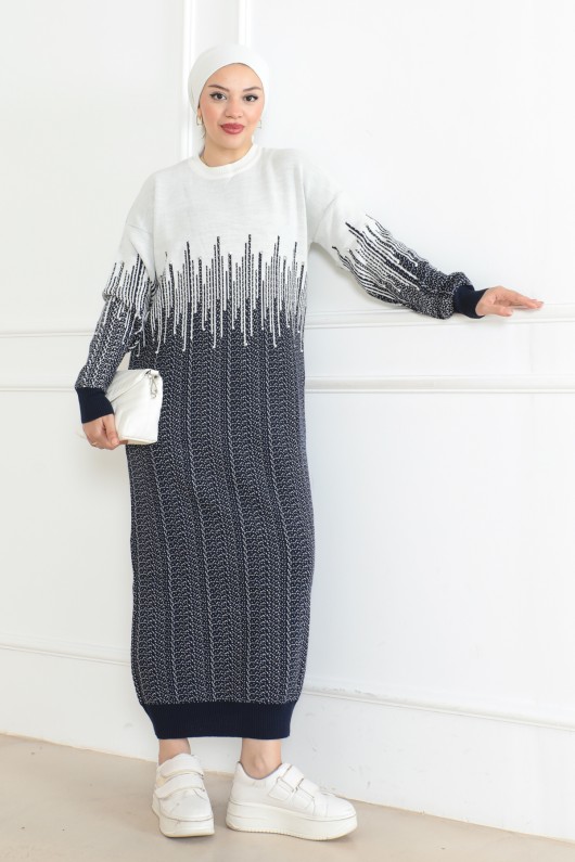 Desenli Triko Elbise Lacivert 1007