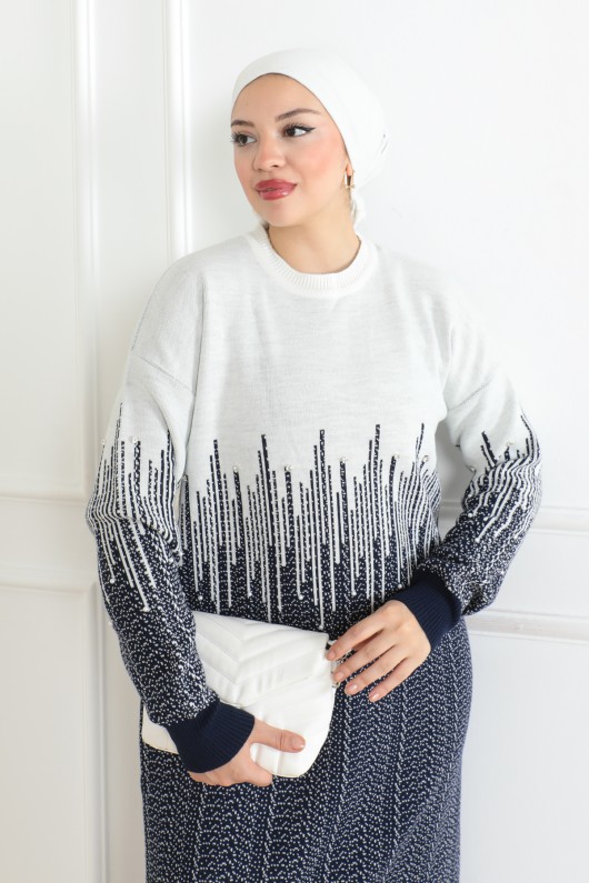 Desenli Triko Elbise Lacivert 1007