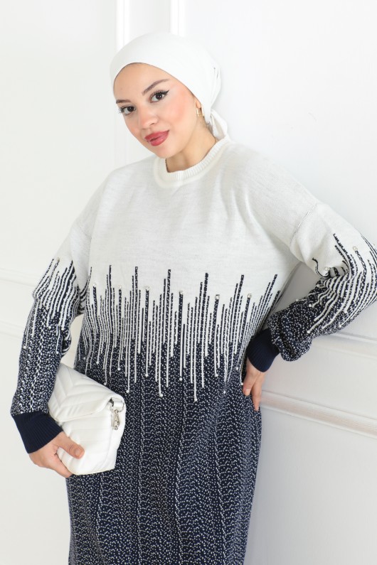 Desenli Triko Elbise Lacivert 1007