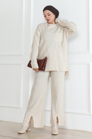 Fitilli Triko Takım Taş Rengi 1009