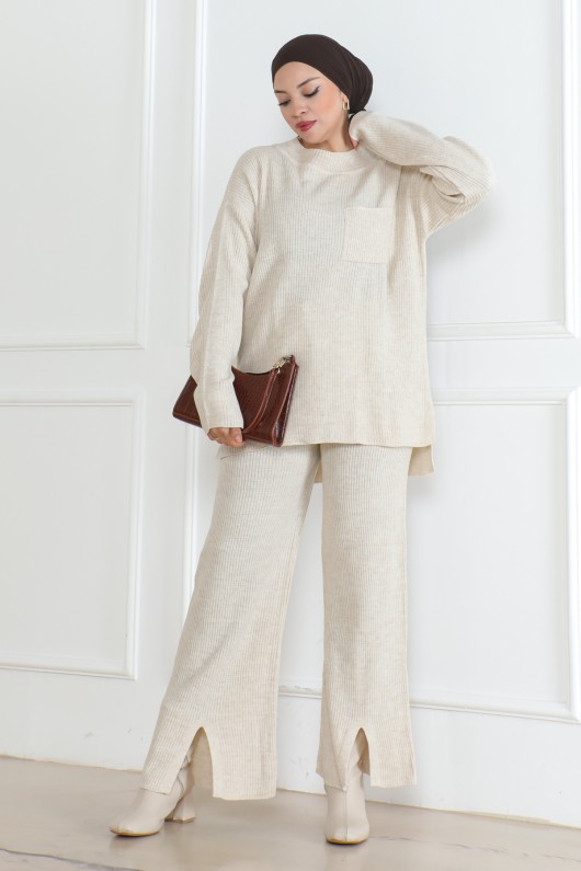 Fitilli Triko Takım Taş Rengi 1009