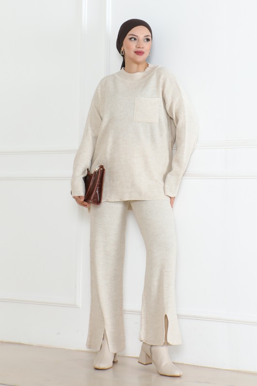 Fitilli Triko Takım Taş Rengi 1009