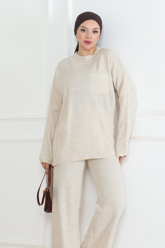 Fitilli Triko Takım Taş Rengi 1009