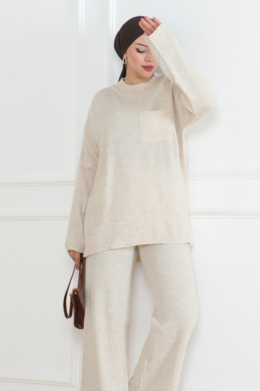 Fitilli Triko Takım Taş Rengi 1009