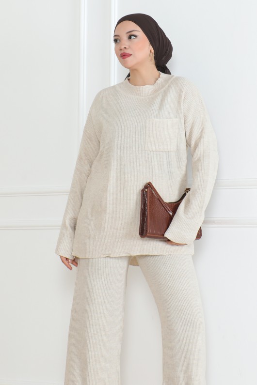 Fitilli Triko Takım Taş Rengi 1009