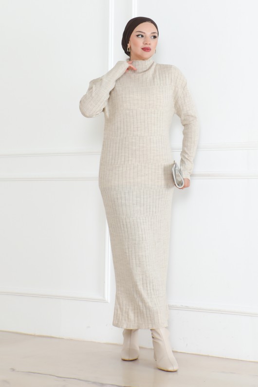 Detayı Fitilli Triko Elbise Taş Rengi 1011