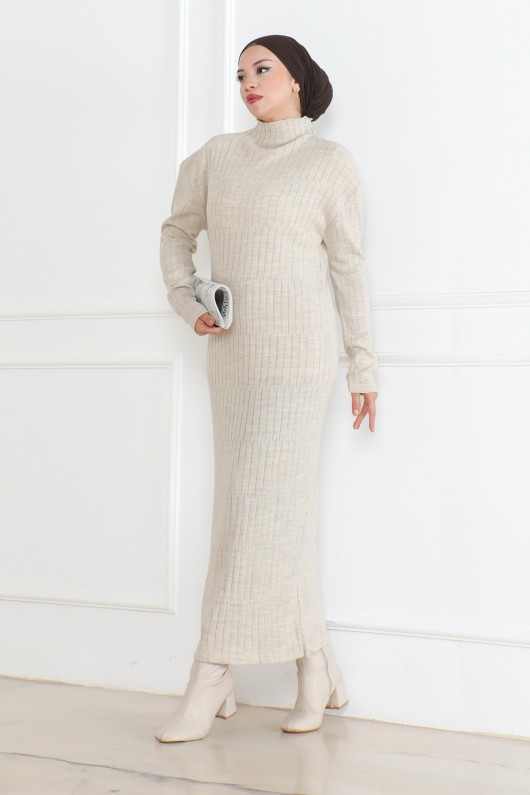Detayı Fitilli Triko Elbise Taş Rengi 1011