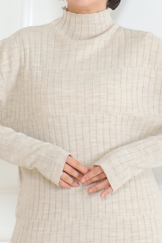 Detayı Fitilli Triko Elbise Taş Rengi 1011