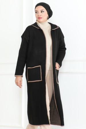 Uzun Cep Kenar Detaylı Triko Hırka Siyah 1013