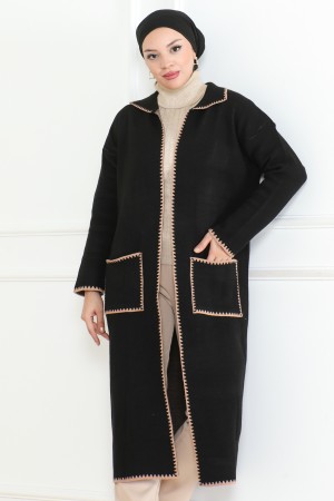 Uzun Cep Kenar Detaylı Triko Hırka Siyah 1013