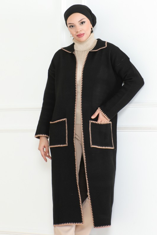 Uzun Cep Kenar Detaylı Triko Hırka Siyah 1013