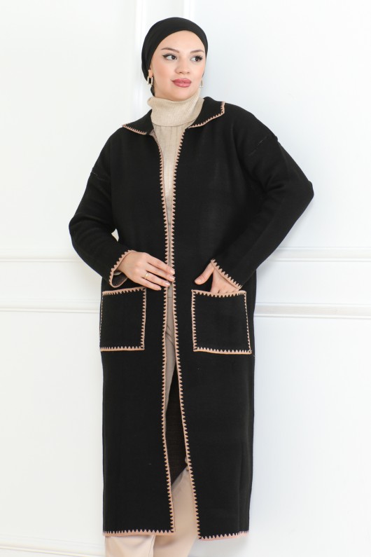 Uzun Cep Kenar Detaylı Triko Hırka Siyah 1013