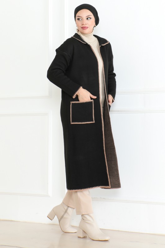 Uzun Cep Kenar Detaylı Triko Hırka Siyah 1013