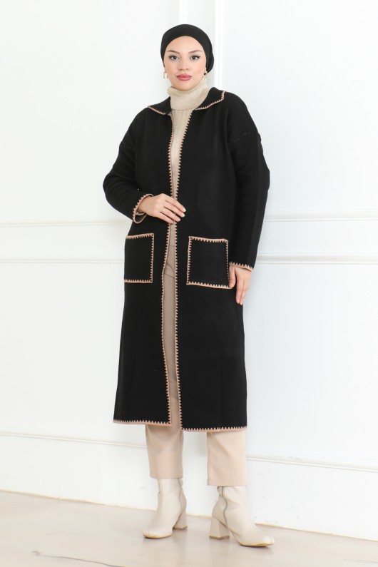 Uzun Cep Kenar Detaylı Triko Hırka Siyah 1013