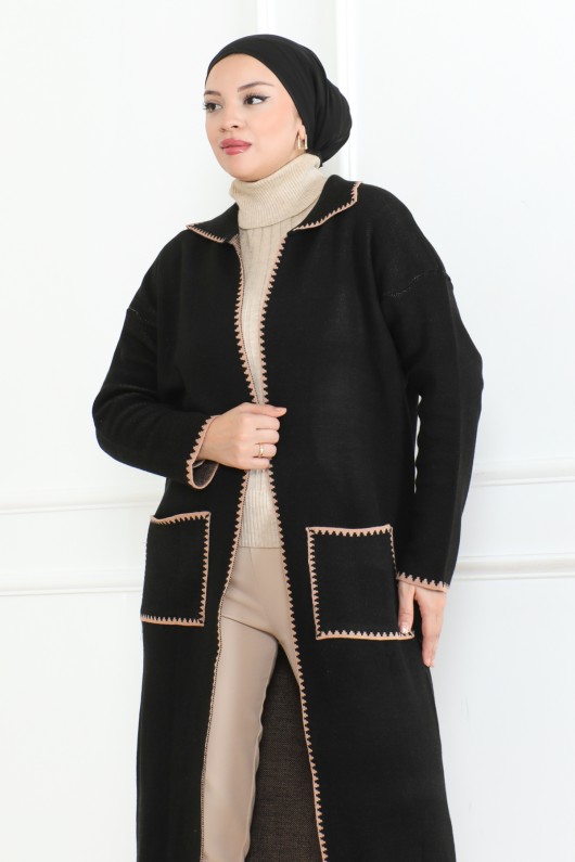 Uzun Cep Kenar Detaylı Triko Hırka Siyah 1013