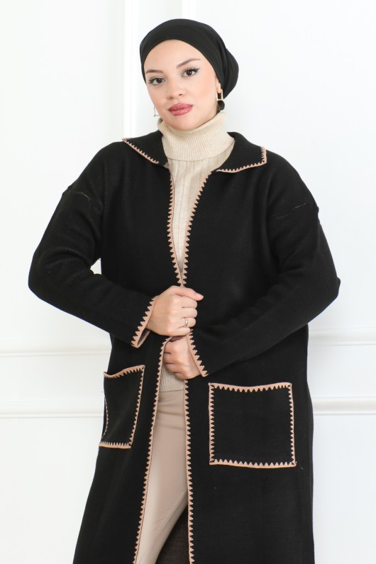 Uzun Cep Kenar Detaylı Triko Hırka Siyah 1013