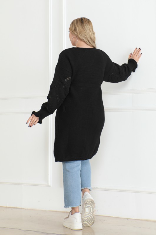 Kolları Desen Detaylı Triko Hırka Siyah 1015 Kolları Desen Detaylı Triko Hırka Siyah 1015