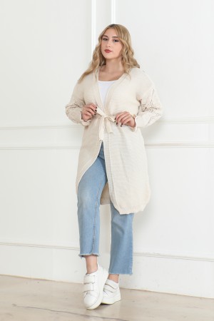 KollarI Desen Detaylı Triko Hırka Taş Rengi 1015