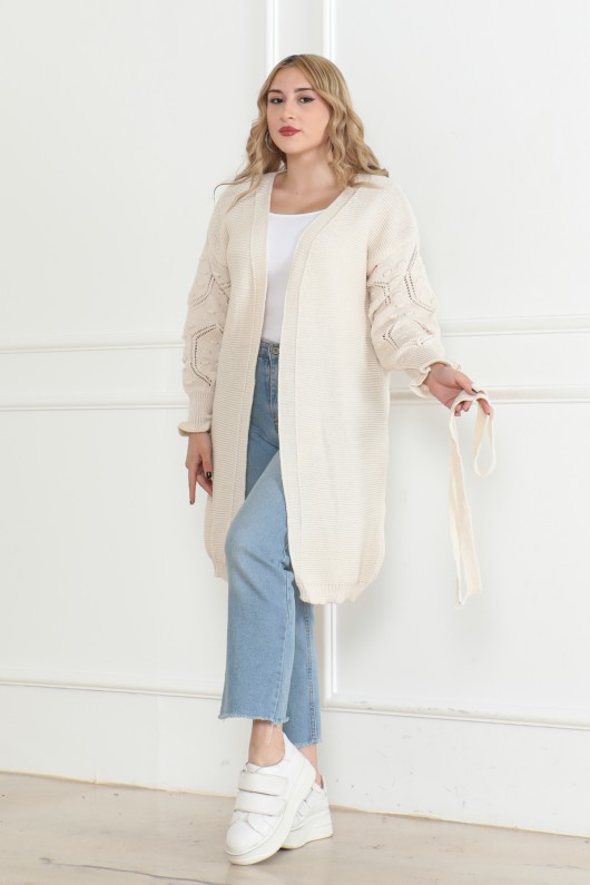 KollarI Desen Detaylı Triko Hırka Taş Rengi 1015