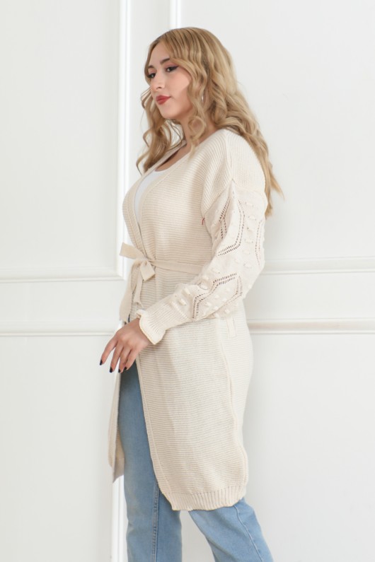 KollarI Desen Detaylı Triko Hırka Taş Rengi 1015