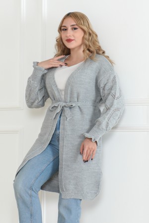 Kolları Desen Detaylı Triko Hırka Gri 1015