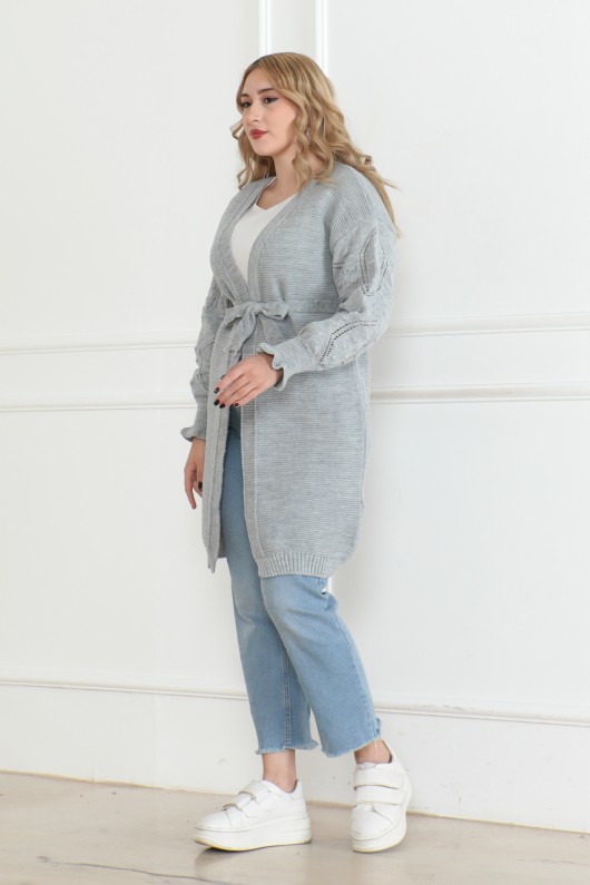 Kolları Desen Detaylı Triko Hırka Gri 1015 Kolları Desen Detaylı Triko Hırka Gri 1015