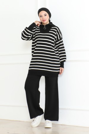 Geniş Çizgili Triko Takım Siyah 1017
