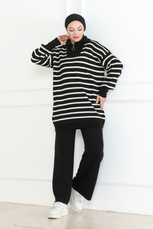 Geniş Çizgili Triko Takım Siyah 1017