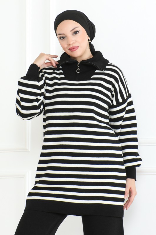 Geniş Çizgili Triko Takım Siyah 1017