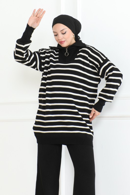 Geniş Çizgili Triko Takım Siyah 1017