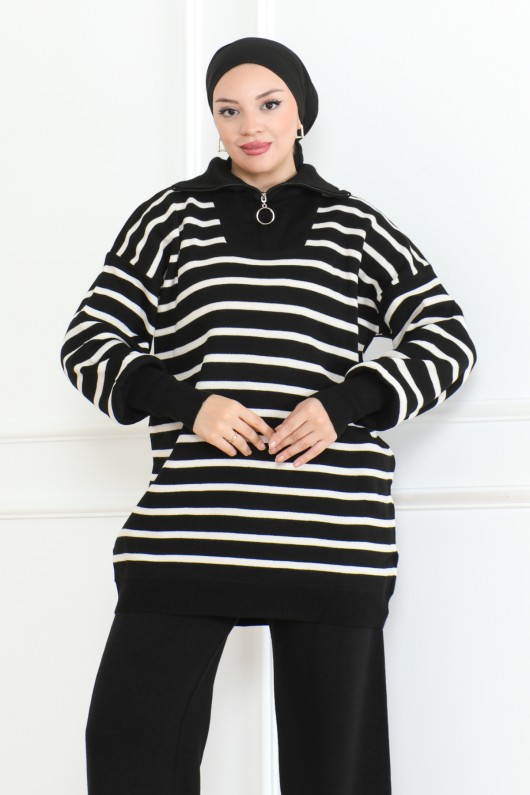 Geniş Çizgili Triko Takım Siyah 1017