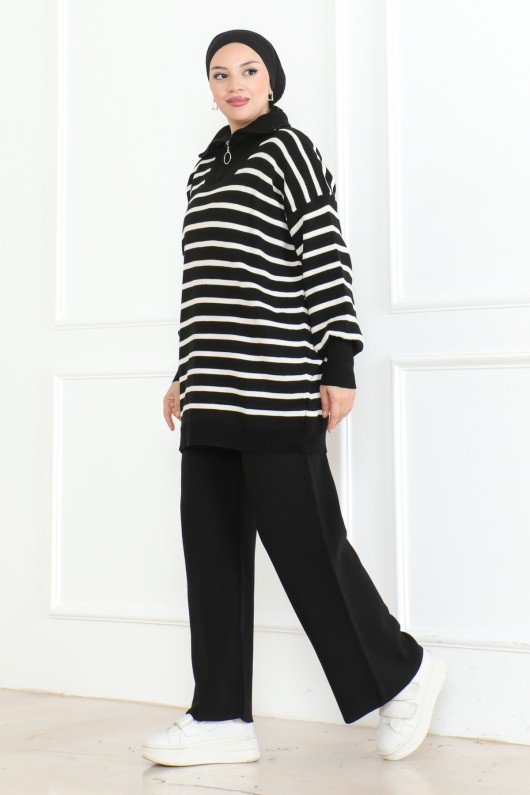 Geniş Çizgili Triko Takım Siyah 1017