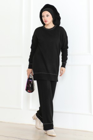Şerit Detaylı Triko Takım Siyah 1018