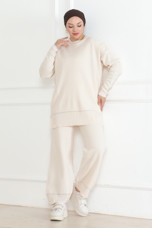 Şerit Detaylı Triko Takım Ekru 1018