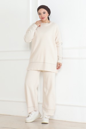 Şerit Detaylı Triko Takım Ekru 1018