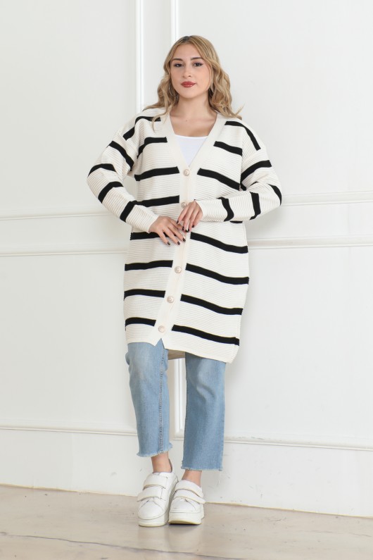 Çizgili Düğmeli Triko Hırka Taş Rengi 1019